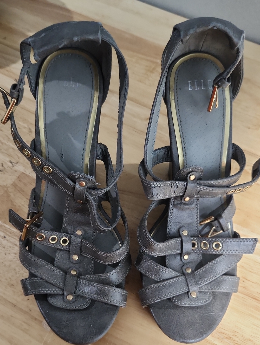 ELLE Gray Multi-Strap High Heel Sandals with Gold Accents